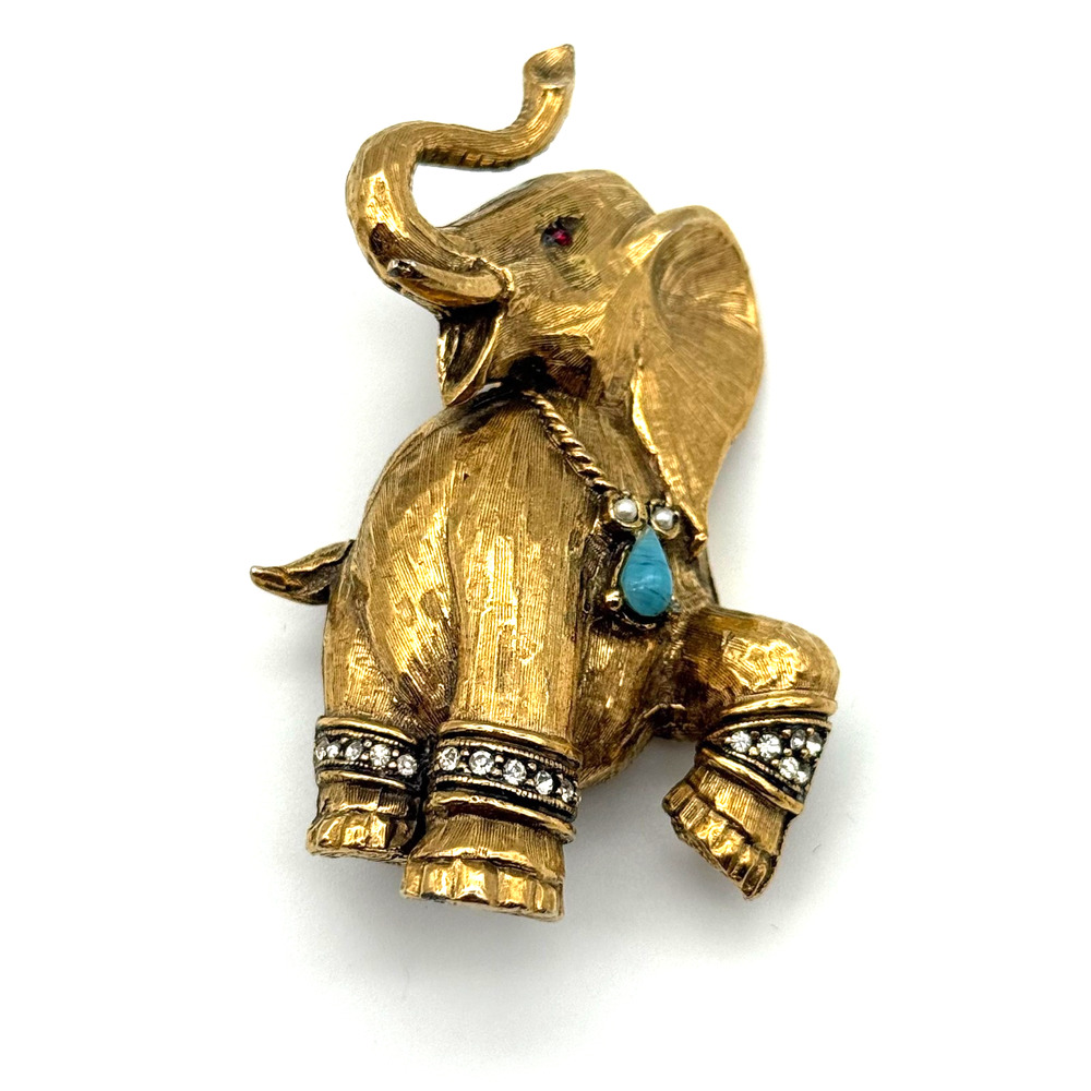 Vintage Jeanne Signed Jeweled Elephant Brooch Pin Rhinestone Turquoise 1960s
